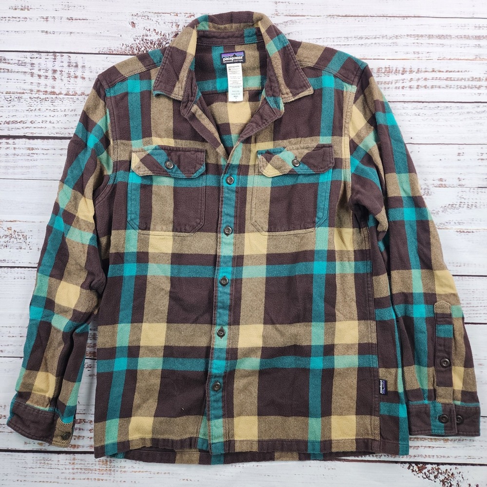 Patagonia Fjord Flannel Shirt Men's S Brown Teal Plaid Organic Cotton 53947